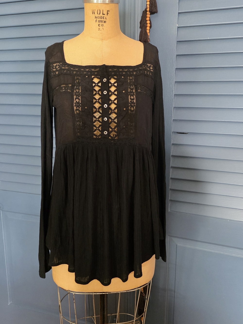 Free People Black Lace-Trim Peasant Tunic